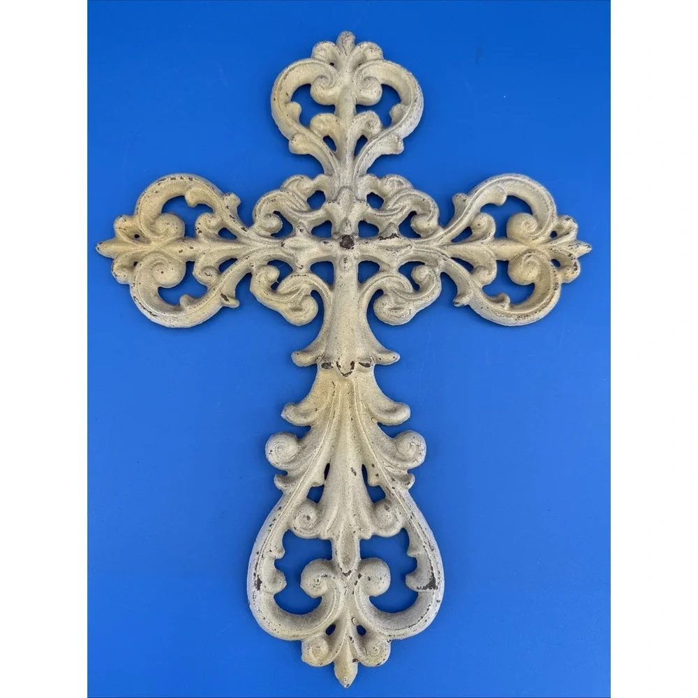 Shabby Chic Cast Iron Hanging Wall Cross Decor Cream Off White Distressed Finish